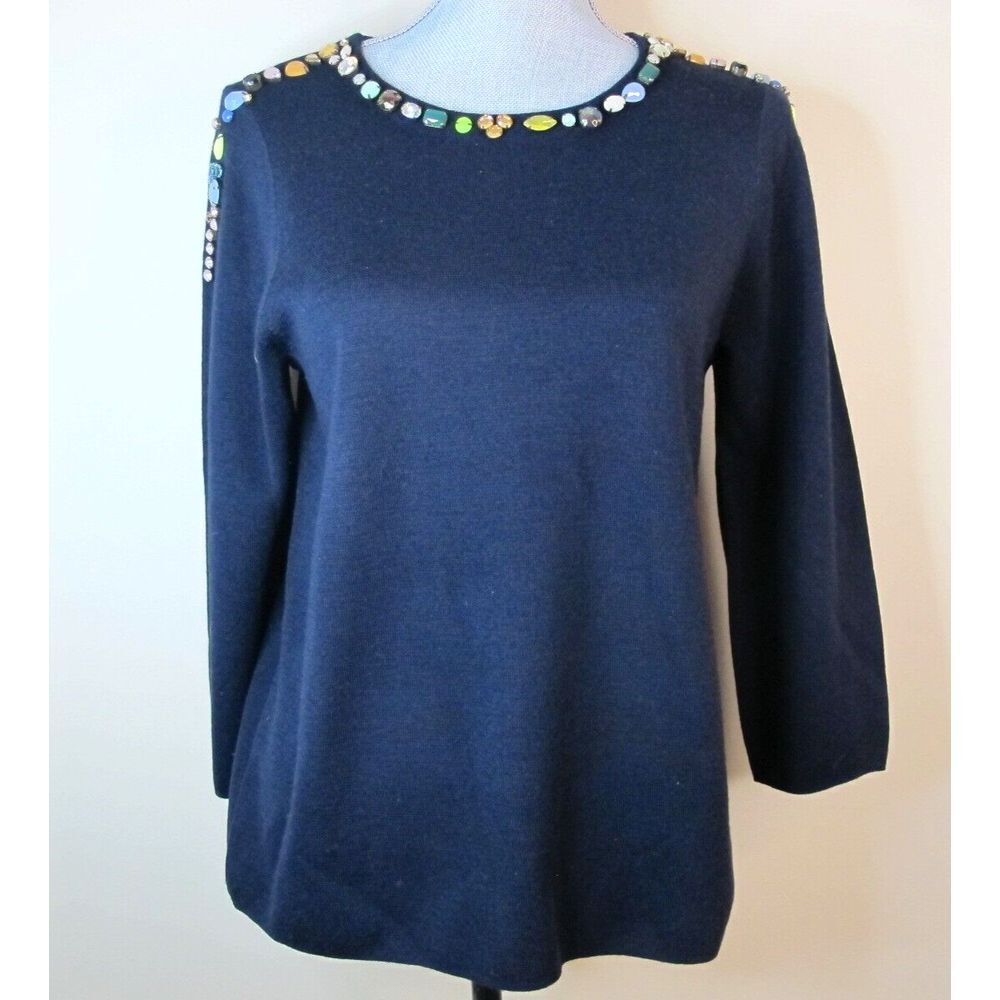 J. Crew Sweater Women's Medium Blue Jeweled Merino Wool Blend Pullover